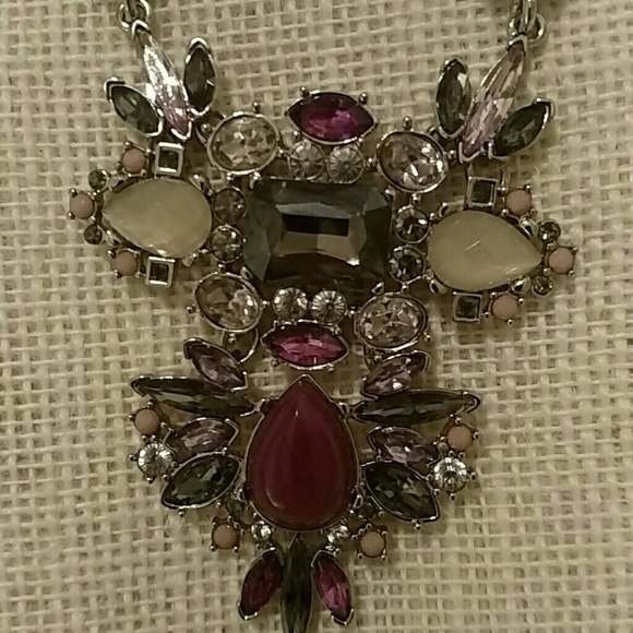 White House Black Market Silver Chain Long Necklace With Pink & Gray Rhinestones - Picture 2 of 6